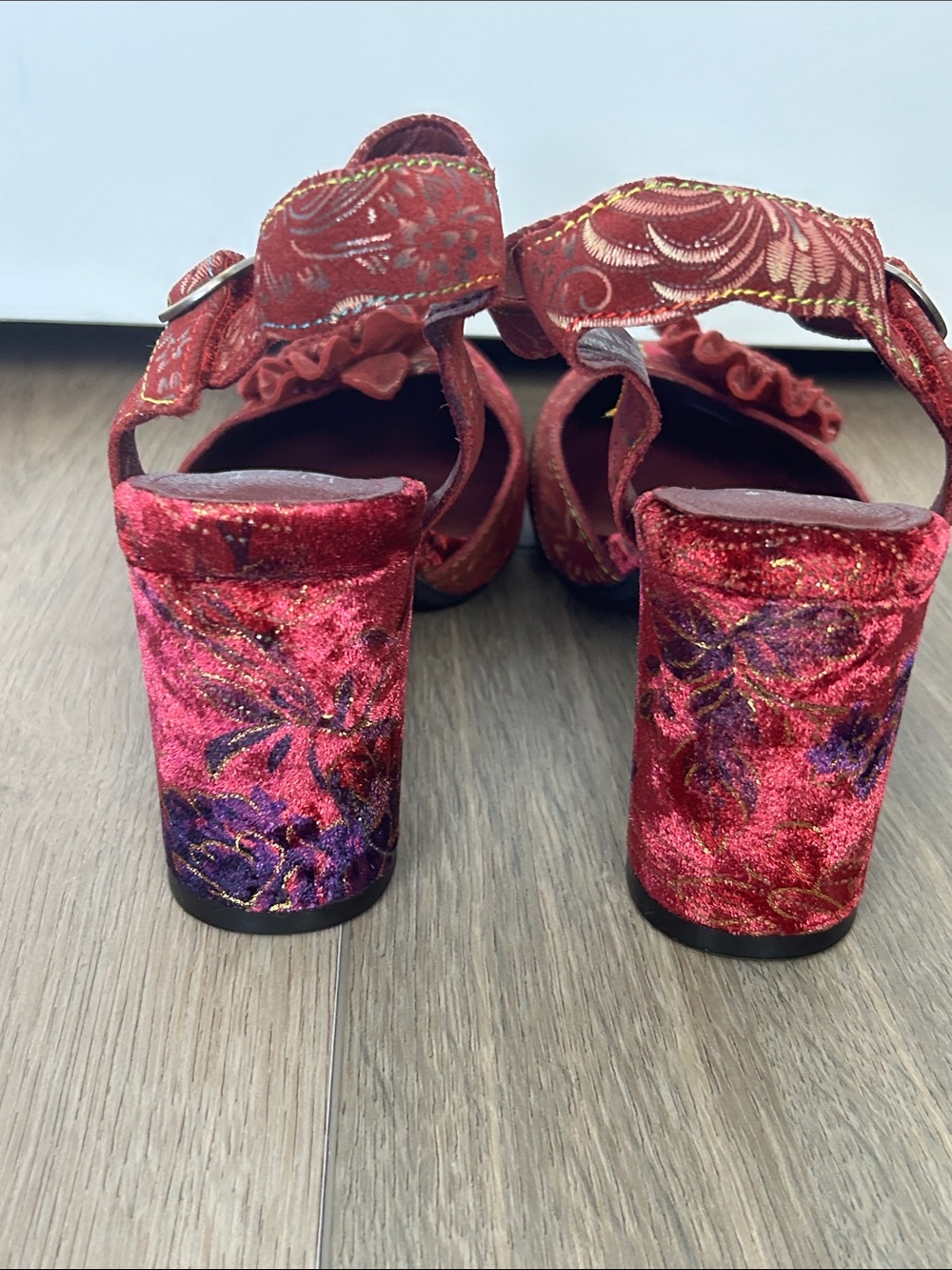 L'ATISTE Burgundy Floral Velvet Ankle-Strap Heels - Picture 7 of 11